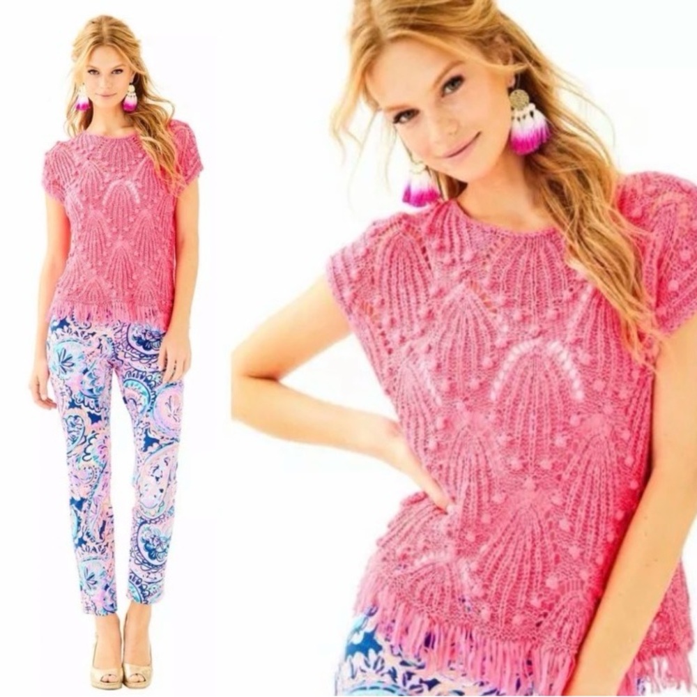 Lilly Pulitzer Cassis Crochet Sweater Colony Coral Shell Out Neon Pink Cover XS